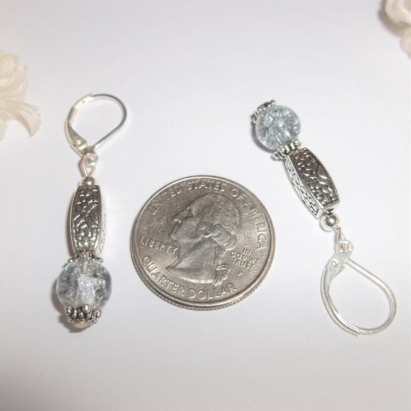 Silver And Blue Beaded Drop Earrings Set Dangle Handmade Lever Back NWT A606 - Picture 4 of 7